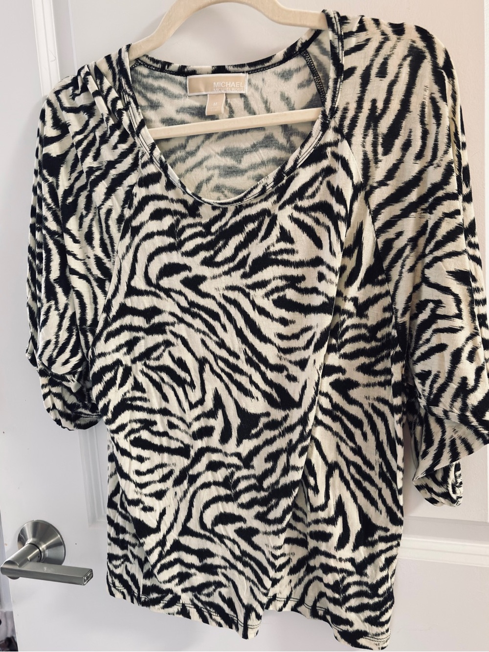 Michael Kors Black & White Zebra-Print Short Sleeve Top